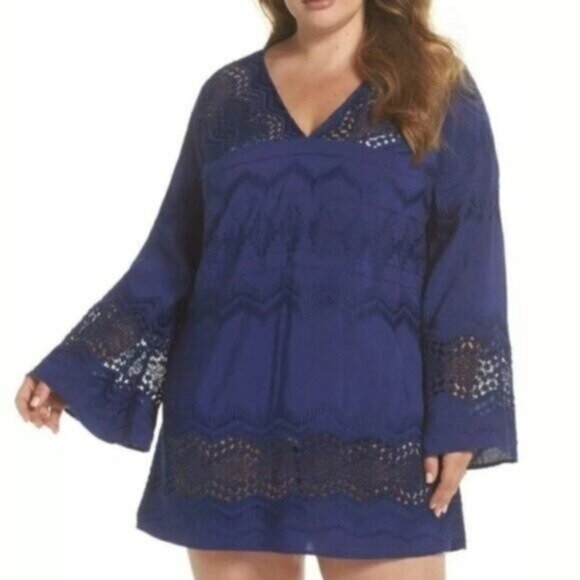NWT La Blanca Embroidered Bell Sleeve Eyelet Navy Blue Cover Up Dress Size 2X - Picture 1 of 12